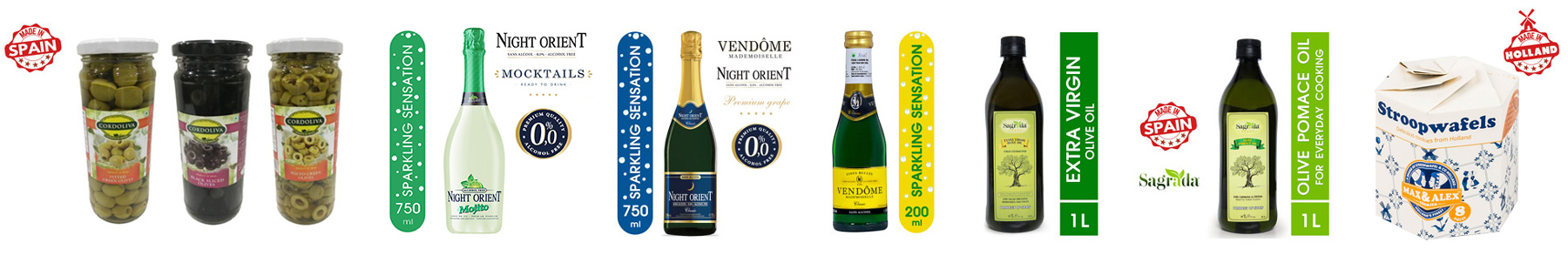 Order imported olive Non Alcoholic Sparkling Wine and Stroopwafels by Euroindia Trading in India
